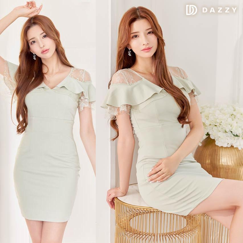 DAZZY デイジーストア Vネックフリル袖シアーレースタイトミニドレス拍卖