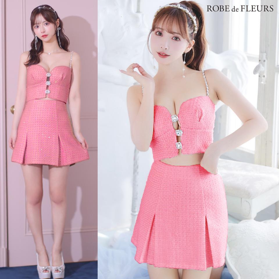 ROBE de FLEURS ローブドフルール フロントビジューチェックツイードキャミミニキャバドレス ピンク fm3561拍卖