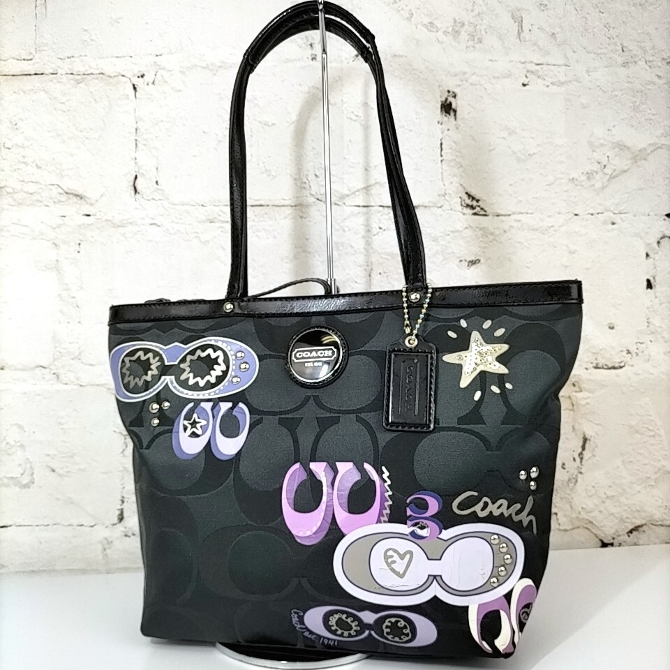 【 COACH 】 コーチ F17587 シグネチャー 総柄 一部 パテントレザー セミショルダー 肩掛け トートバッグ レディースバッグ 黒 ブラック I拍卖