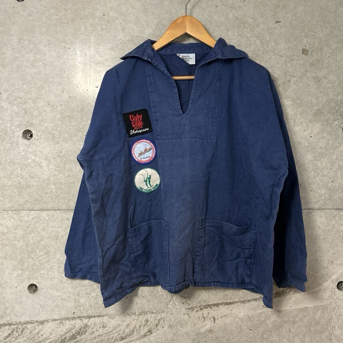 80s NEWLYN フィッシャーマンスモックシャツ コットン プルオーバー フレンチ ユーロ ワーク UK製 ヴィンテージ ビンテージ レア 古着 M L拍卖