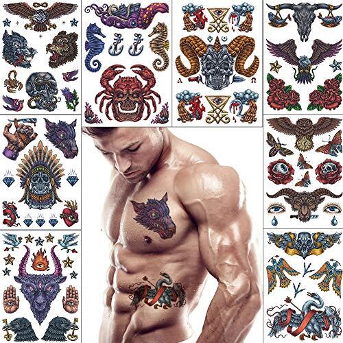 レトロ VIWIEUタトゥーシールモンスター 大きい8枚のボディーアートタトゥーステッカー、 一時的なメンズレディース悪魔ボディー拍卖