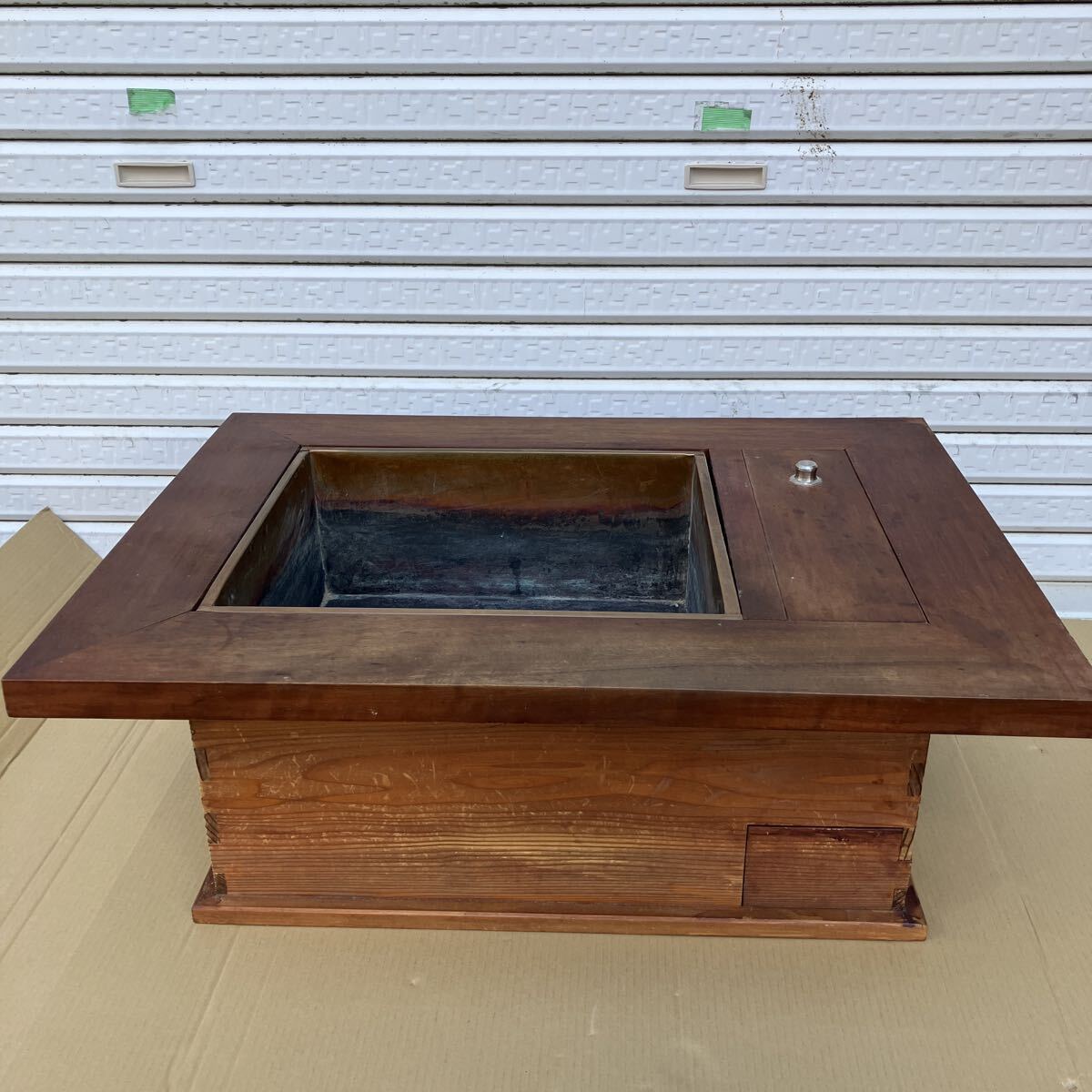 古民具 木製火鉢 囲炉裏 長火鉢 幅73 奥行53.5 高さ27.5cm 電熱火鉢 囲炉裏テーブル アンティーク レトロ 古民家インテリア 収納付き 銅炉 拍卖