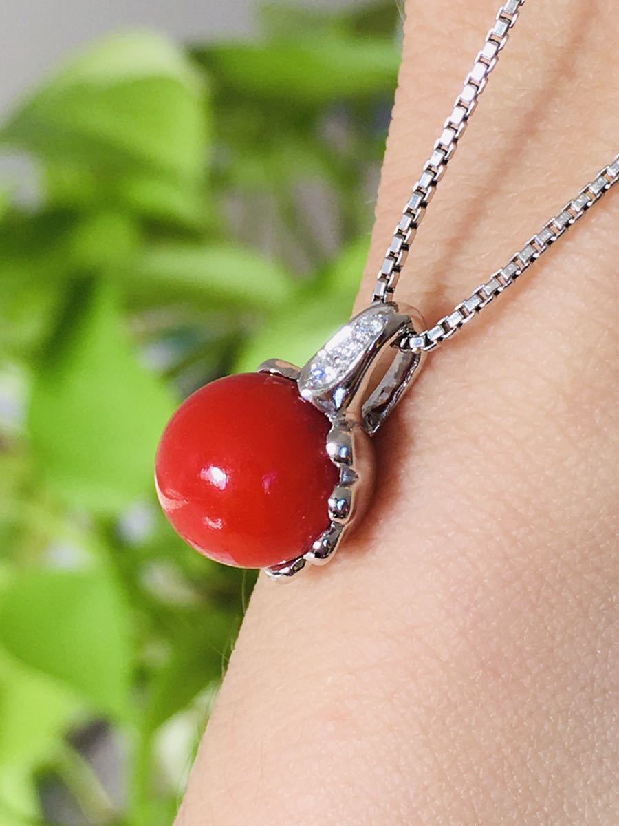 ネックレス 珊瑚 サンゴ 10mm ダイヤ ネックレス PT900 PT850 プラチナ拍卖