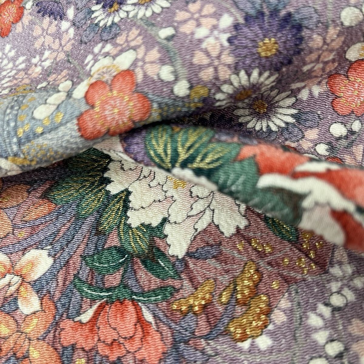 小紋 ちりめん 金彩 扇に美しい花模様 着物 正絹 F-903拍卖