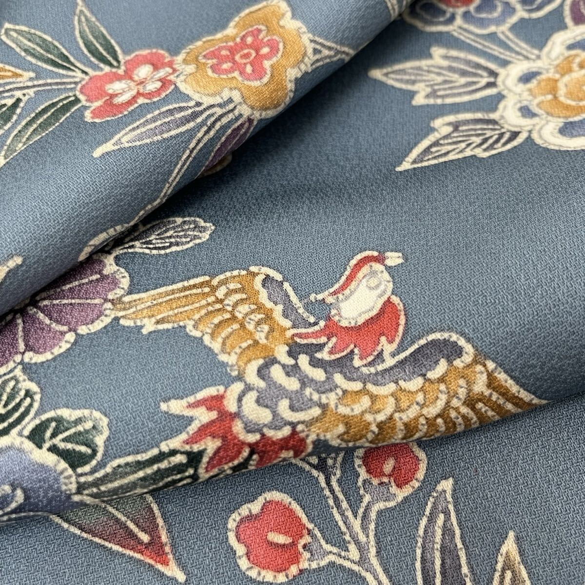 小紋 花模様に鳥 可愛い染め 着物 正絹 F-889拍卖