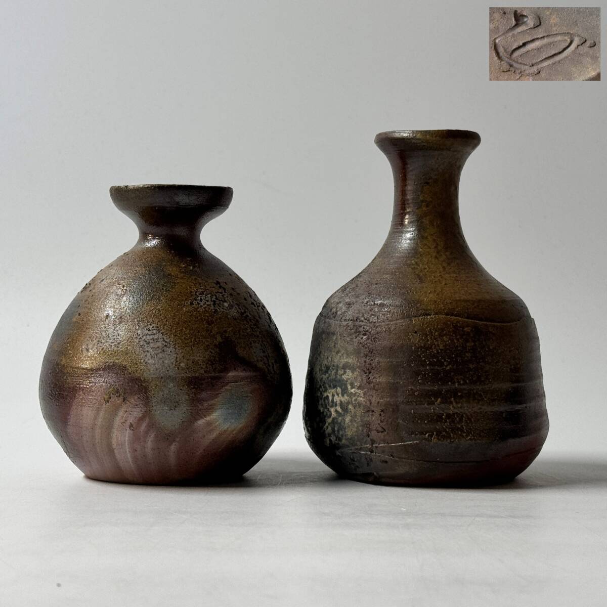 【20021Q】未使用 備前焼 岡本徹正造 てつ銘 銘印在 掻き銘 酒徳利 2種 酒器 経年保管品 現状品拍卖