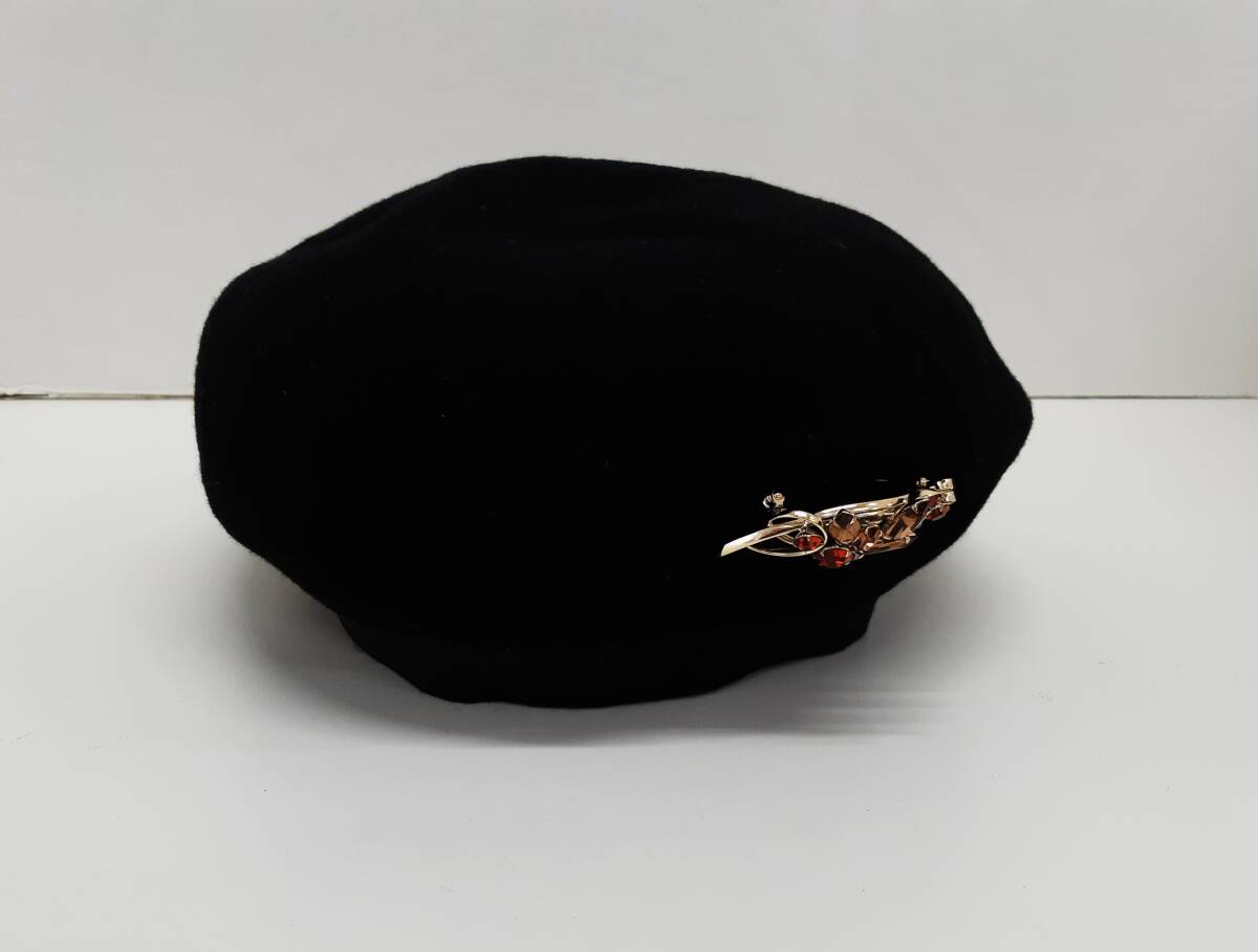 【菊水-778】ベレー帽/レディース/ブランド不明/ブローチ付き/ブラック/56㎝程度(SK) 拍卖