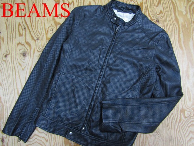 ★インターナショナルギャラリー ビームス BEAMS★メンズ 羊革ラムスキン 格子状 レザーシングルライダースジャケット★R71123029A拍卖