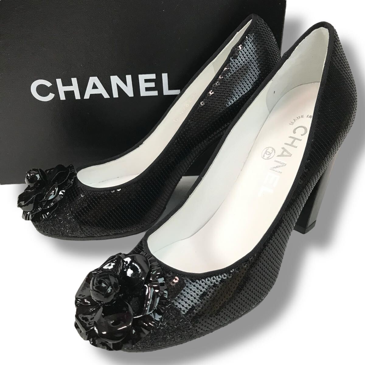 e2 未使用 CHANEL シャネル カメリア スパンコール パンプス レザー ブラック ココマーク ハイヒール フォーマル 35 イタリア製 正規品拍卖