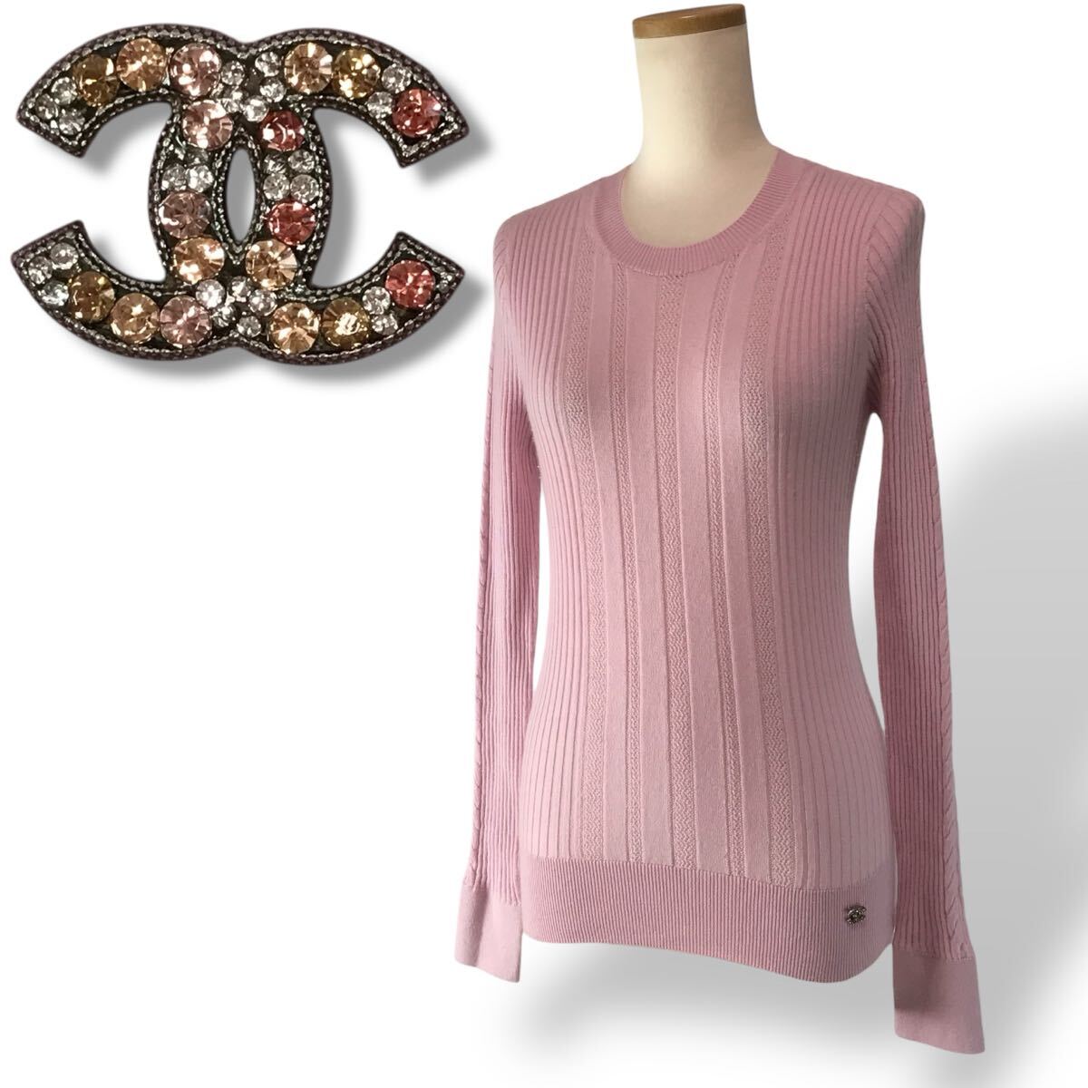 e49 Vintage CHANEL シャネル ニット トップス リブニット ココマーク ピンク レディース 正規品 レア 良品拍卖