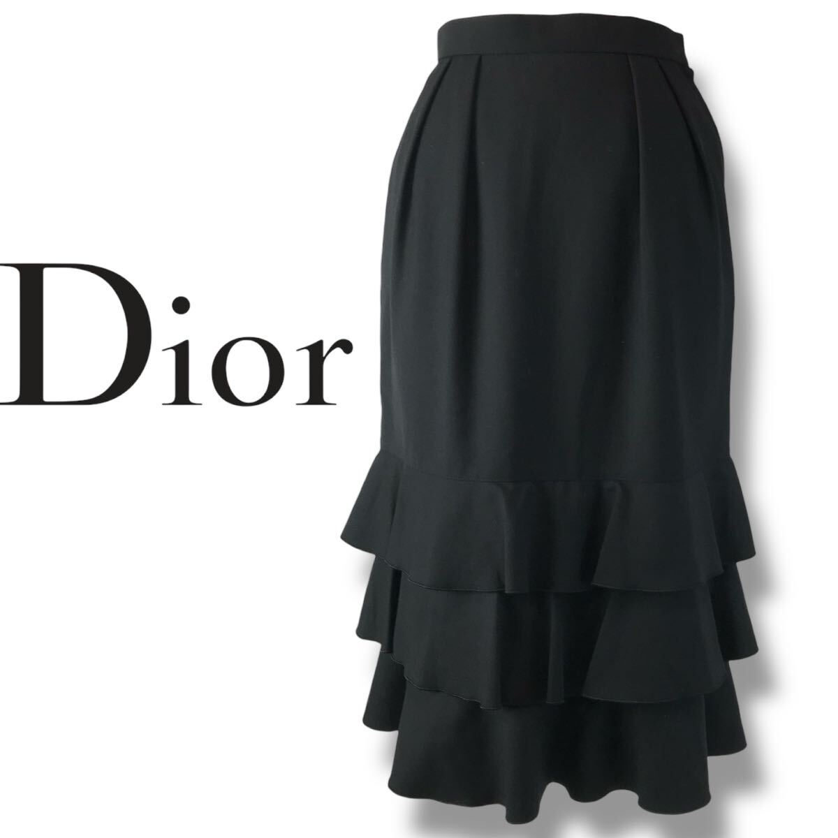 e66 Vintage Christian Dior クリスチャンディオール ウール フリル スカート ブラック フォーマル 黒 M 毛100% 正規品 レディース拍卖