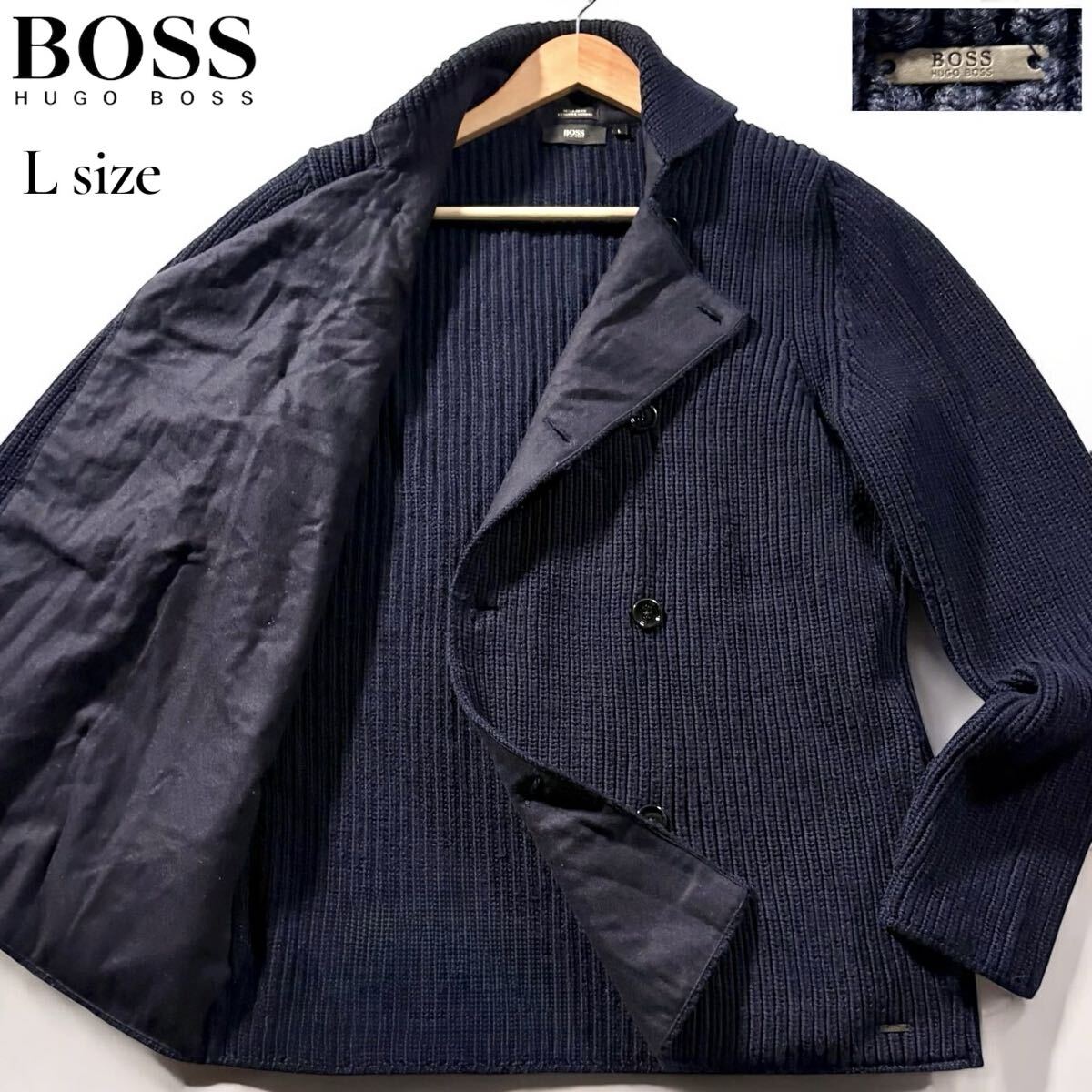 極美品/Lサイズ●HUGO BOSS ヒューゴボス ウール100% ニット セーター ピーコート ジャケット ロゴ金具 ストレッチ ネイビー 大谷翔平拍卖