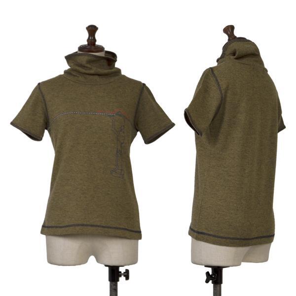 マリテフランソワジルボー ステッチプリントタートルネック半袖カットソー カーキ紺M 【レディース】拍卖