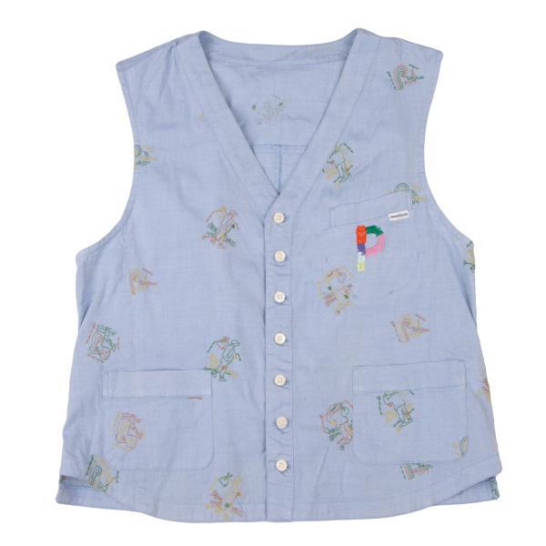 パパスPapas 刺繍デザインダンガリーベスト ライトブルーマルチM 【メンズ】拍卖
