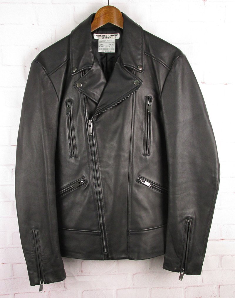FJ28061 KATHARINE HAMNETT キャサリンハムネット シープスキン ダブルライダースジャケット ブラック XL 美品拍卖