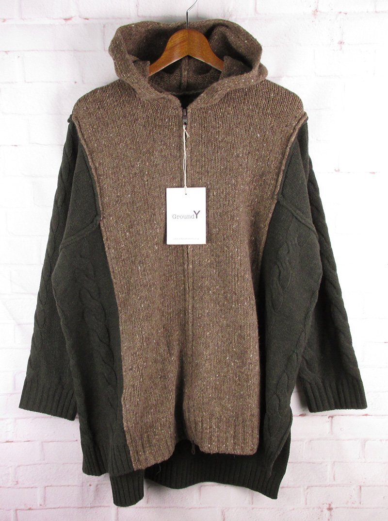 FJ27923 Yohji Yamamoto ヨウジヤマモト GroundY fine merino wool cable switch unbalance hoodie GL-K04-860 ニットパーカー 1 美品拍卖