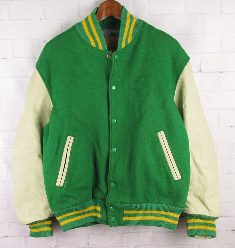 FJ28134 Golden Bear ゴールデンベア 袖革 スタジャン USA製 グリーン系×ベージュ系 L拍卖