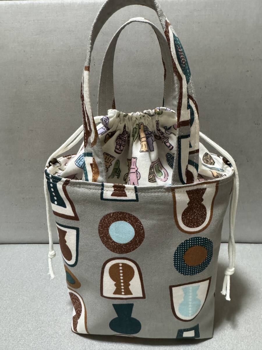 ハンドメイド オックス×帆布×シーチング 巾着付きミニミニトートバッグ 古墳 埴輪 / 和柄 KOHUN HANIWA WAGARA拍卖