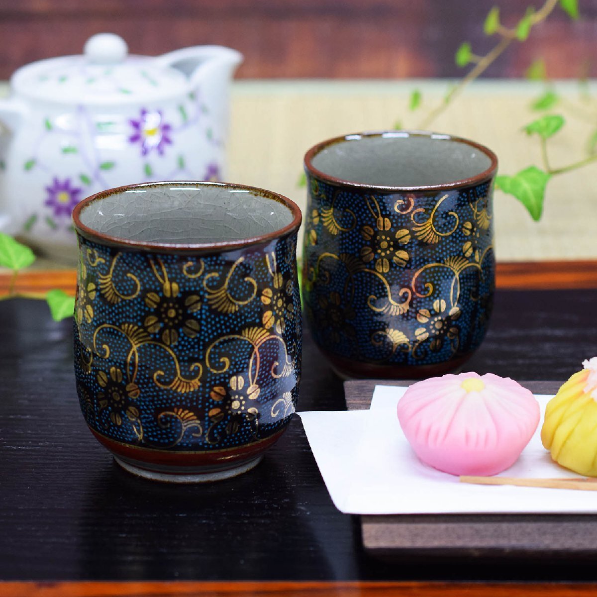 九谷焼 夫婦湯のみ 青粒鉄仙 陶器 和食器 伝統工芸 ペア 湯呑み茶碗 和柄 お茶 茶器 おうち時間 即決 美品 新品 未使用拍卖