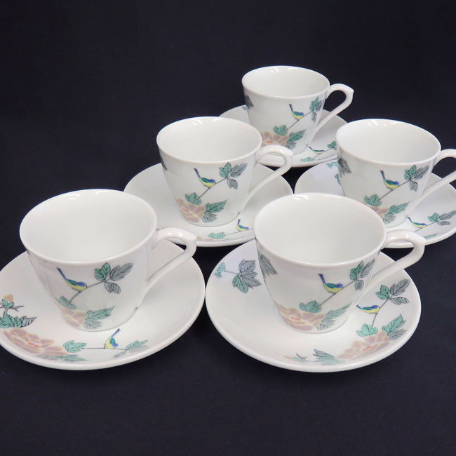【即決】送料無料!九谷焼 高級 コーヒーカップ&ソーサー 5客セット 小鳥 陶器 日本製 ブランド 伝統工芸品 美品 新品 未使用拍卖