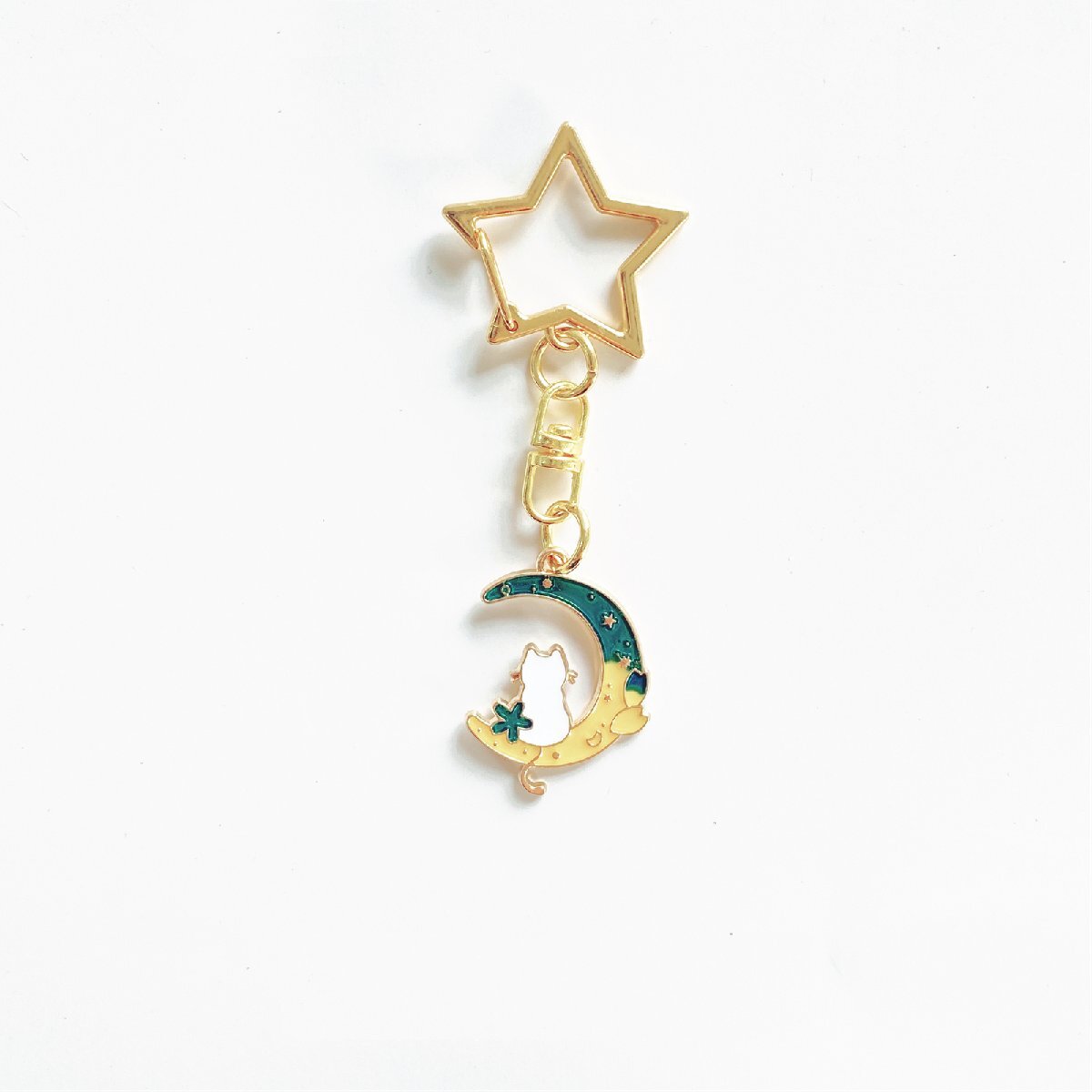 手作り 青いお月様ネコ キーホルダー 星チャーム付き バッグチャ鍵拍卖