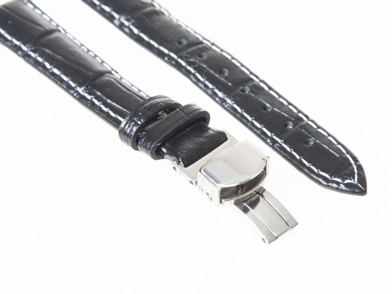 汎用 本革 ワニ革風仕上げ 腕時計 ベルト ブレスレット バンド 交換用#幅14mm ブラック+ホワイトライン拍卖