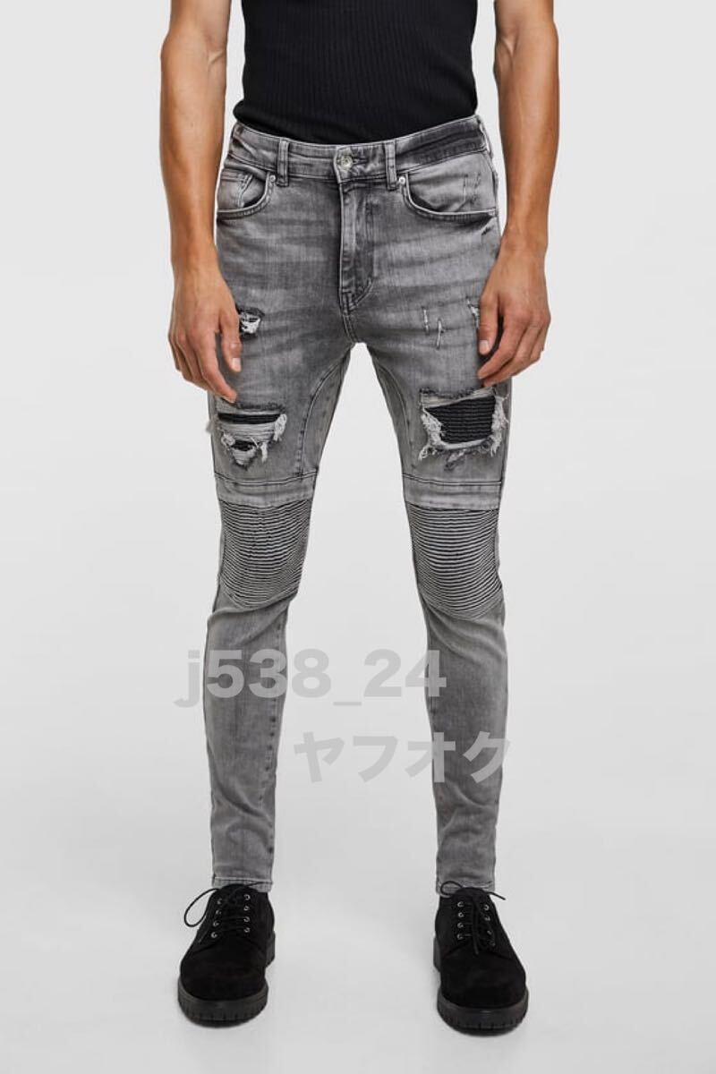 デザイン性 ZARA MAN ストレッチ ダメージ バイカー スキニー 送料230円 38 30 メンズ デニム パンツ ライダース ジーンズ グレー拍卖
