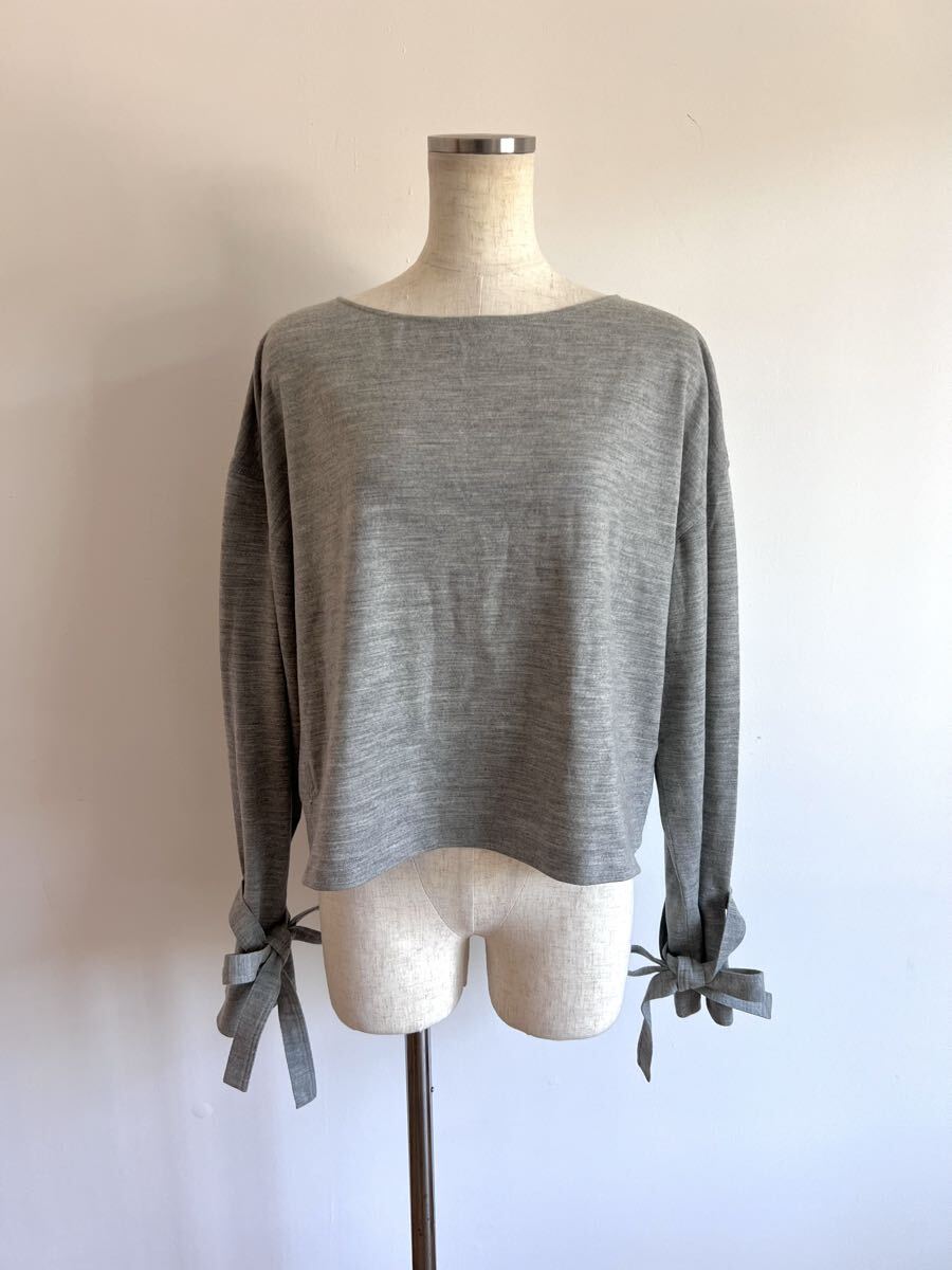 Helmut Lang/ヘルムートラング/トップス/シャツ/カットソー/リボン/長袖/S/ウール/ニット/ライトグレー/美品良品拍卖