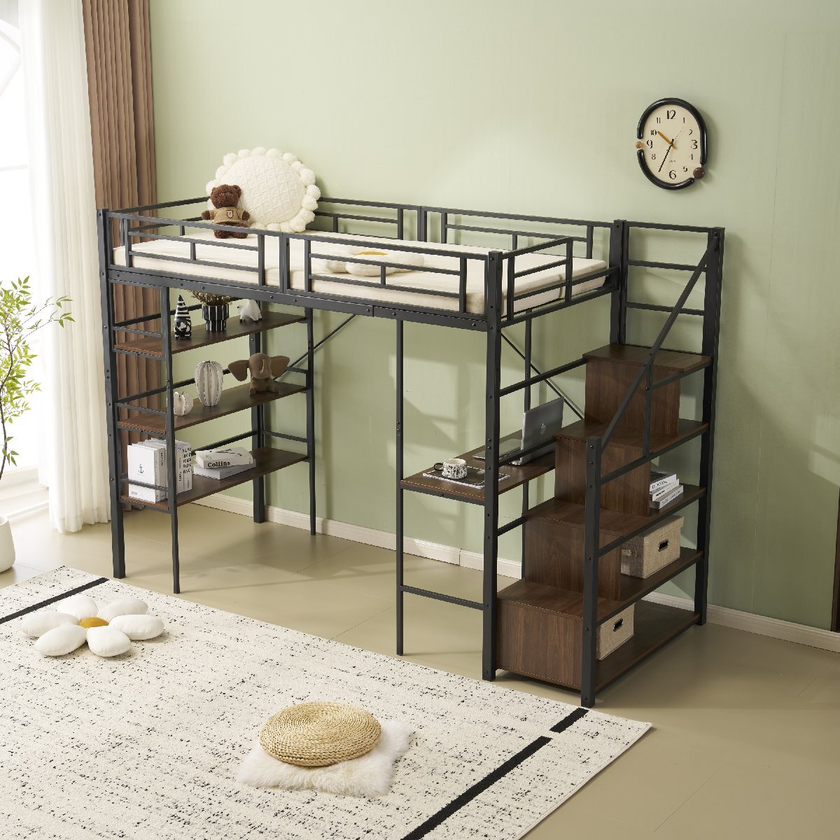 【国内発送】ロフトベッド パイプベッド シングル デスク付き 収納棚 階段付き 左右入れ替え可能 ロフトベッド 収納 大人 一人暮らし 子供拍卖