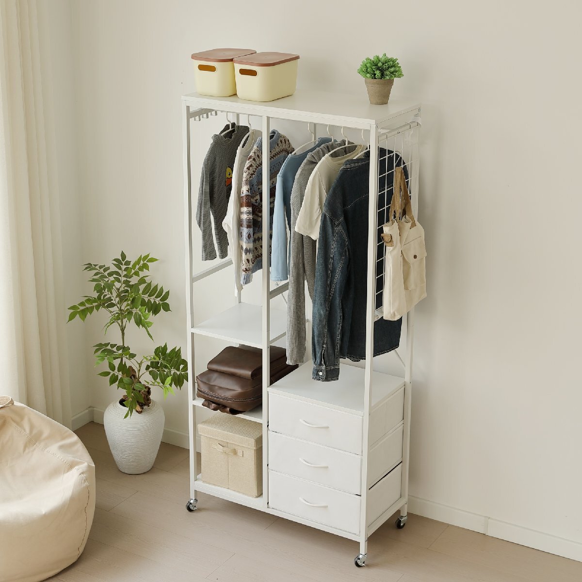 【国内発送】ハンガーラック 引き出し付きスリム 幅80cm 奥行35cm タンス付き ワードローブ 衣装棚 押し入れ 収納ラック 大容量 頑丈拍卖