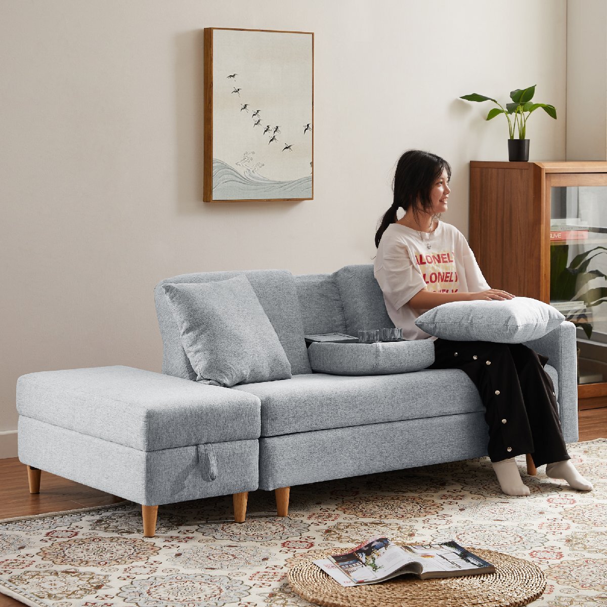 【国内発送】ソファ ソファーベッド カウチソファ 3人掛け オットマン付き 多機能ソファ 左右側とも取り付けるアームレスト たくさ拍卖