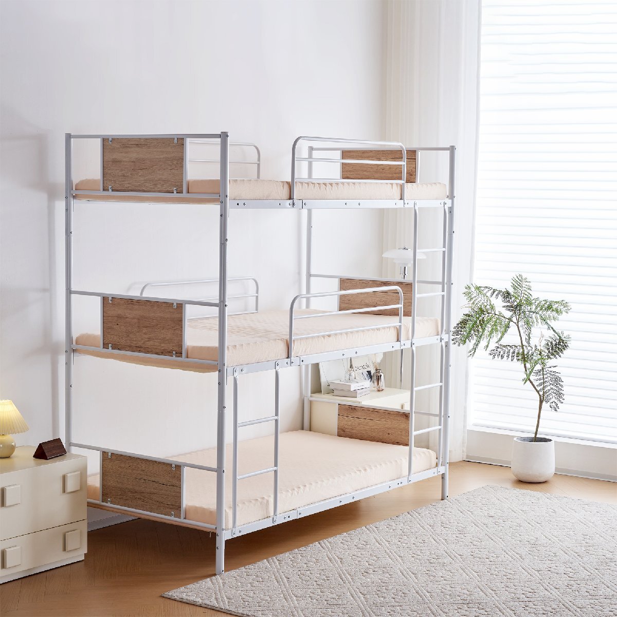 【国内発送】新作】【ホワイト】三段ベッド パイプベッド 分離可能 スチールベッド 子供部屋スチール 耐震拍卖