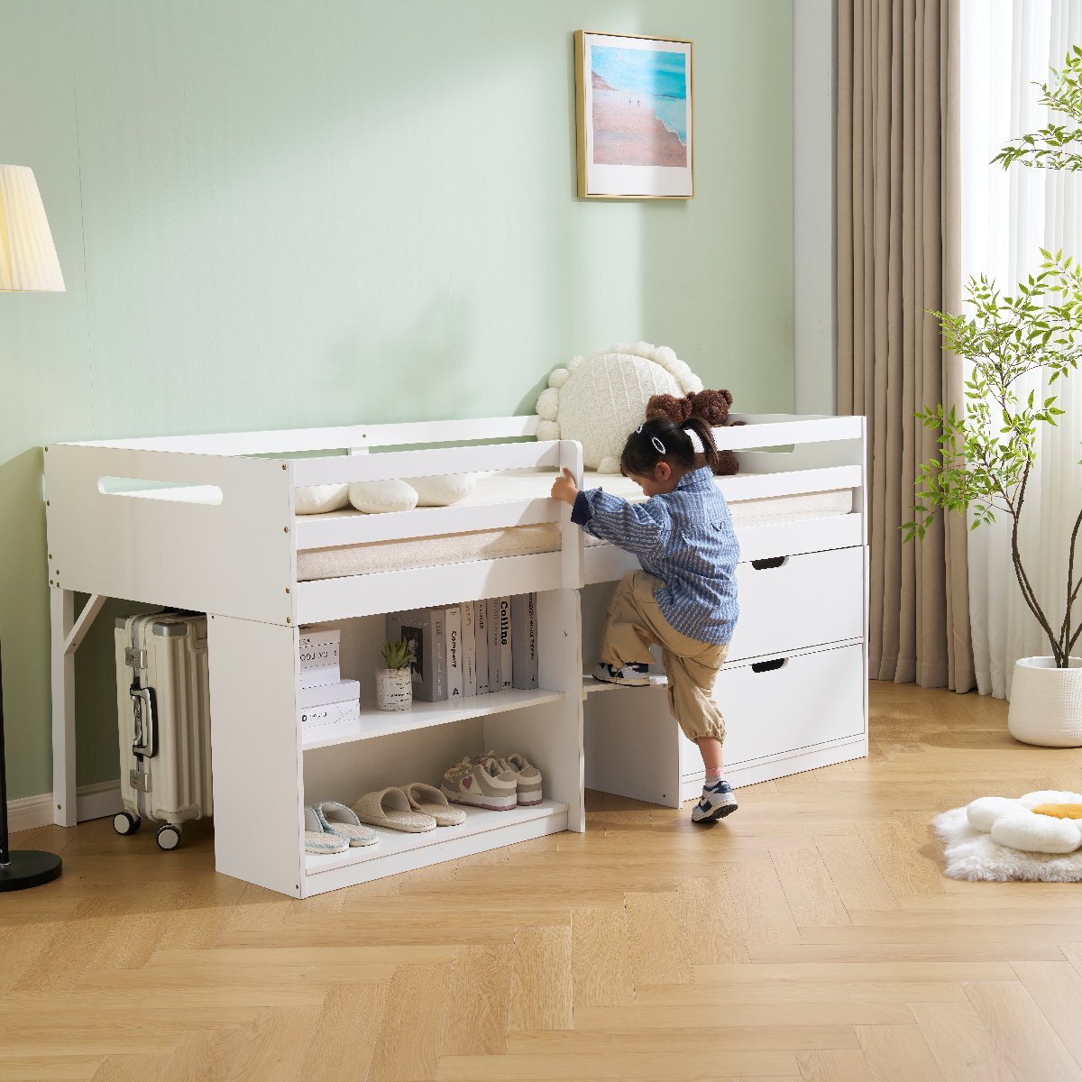 【国内発送】シシステムベッド シングル ロータイプ ハシゴ すのこ 引き出し システムベッド 本棚 収納 ブックシェルフ 子供ベッド ロフト拍卖