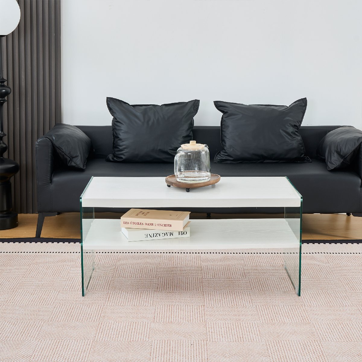 【国内発送】リビングテーブル センターテーブル コーヒーテーブル ローテーブル 収納 モダン長方形MDF天板×強化ガラス脚 ホワイト拍卖