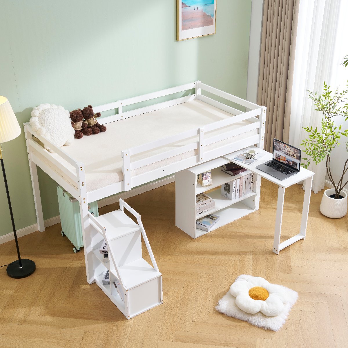 【国内発送】【新作】システムベッド デスク+収納ラック+階段 システムデスクベッド 学習机 ロータイプ 高さ115cm すのこ シングル 本棚拍卖