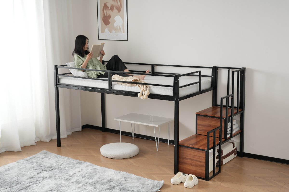 【国内発送】新作 ブラック ロフトベッド パイプベッド 階段付き シングルベッド ロータイプ ロフトベッドロータイプ 木 収納 北欧風 お拍卖