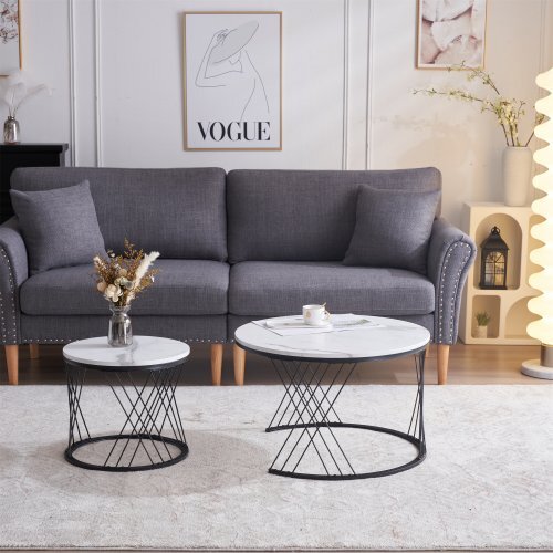 【国内発送】センターテーブル ネストテーブル ローテーブル 入れ子式 天板 大理石調 2個セットサイドテーブルローテーブル【ホワイト+ブ拍卖