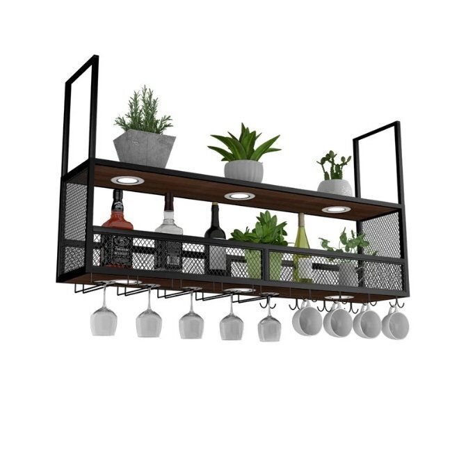 スポットライト、金属壁吊り壁棚のボトル、グラス収納ラックを備えたレトロ天井マルチファンクションワインラック,120x30x80cm拍卖