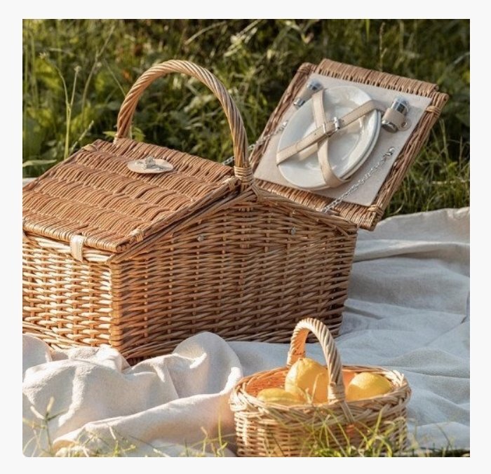 職人の手作り★柳の編み物み上げカゴバック 手作りバスケット ナチュラル買い物カゴ 収納バッグ 食器セット付き 野外キャンプ拍卖