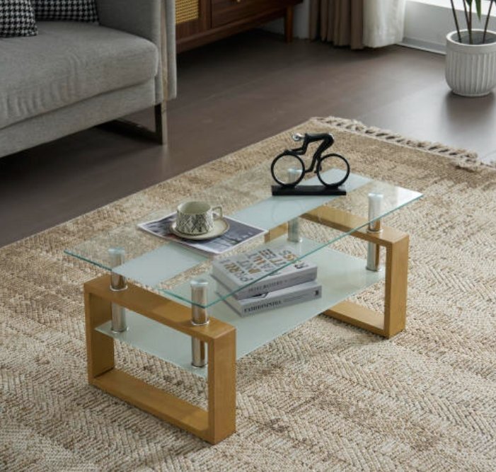 【国内発送】ガラステーブル ローテーブル コーヒーテーブル 幅87.5x奥47.5x高さ39.5cm 収納棚 口字型のテーブル脚 強化ガラス天板 クリア拍卖