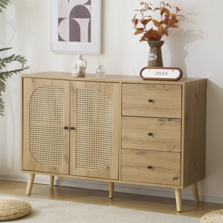 【国内発送】キャビネット サイドボード チェストラタン調 ラタン風 引き出し付き 大容量 収納棚 リビング 収納 ローボード 収納チェスト2拍卖