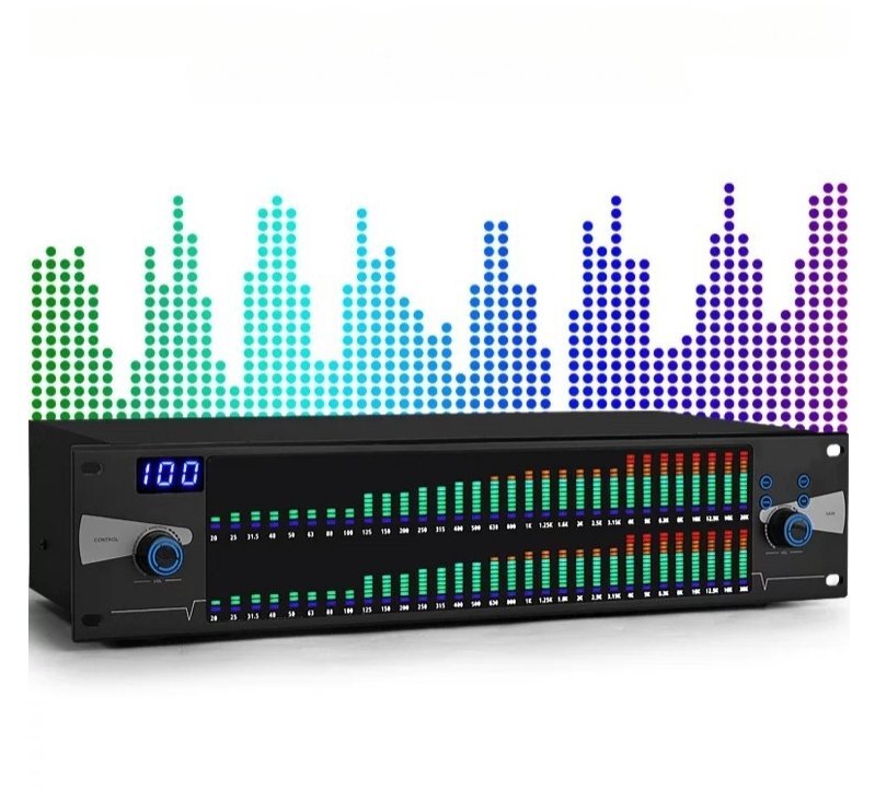31バンドステレオグラフィックEQ、10個のプリセットエフェクトと低/中/高音の独立した調整を備えたプロフェッショナルな2チャンネルグラフ拍卖