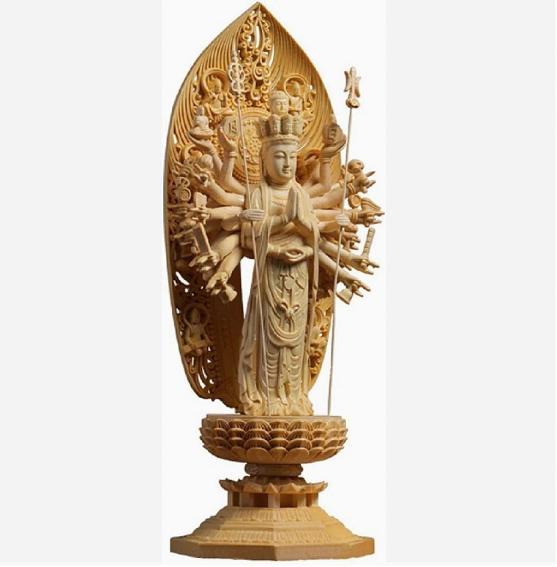 仏像【菩薩】 千手観音立像 (総高さ43cm×巾14.5cm) 桧木高級彫り ◆彫刻仏像・木彫り仏像・手彫り仏像 風水 開運 祈る 厄除け拍卖