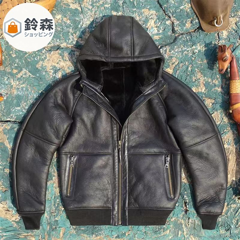 輸入された天然羊革の一体式本革ジャケット、男性用フード付きで保温性と快適さ抜群拍卖