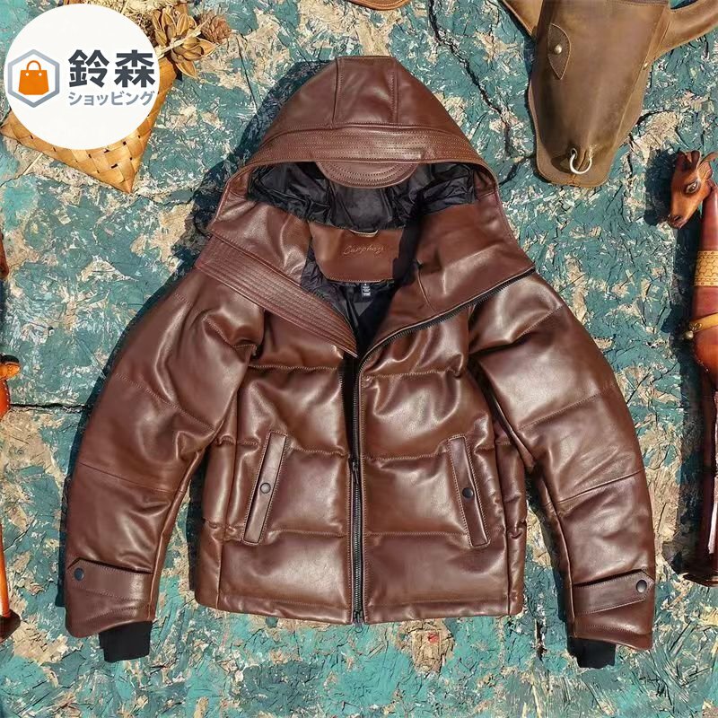 ダウンジャケット冬用保温、フード付き斜めジッパー蹄型袖インポート一層牛革本革ジャケット、メンズダウンジャケット冬用拍卖
