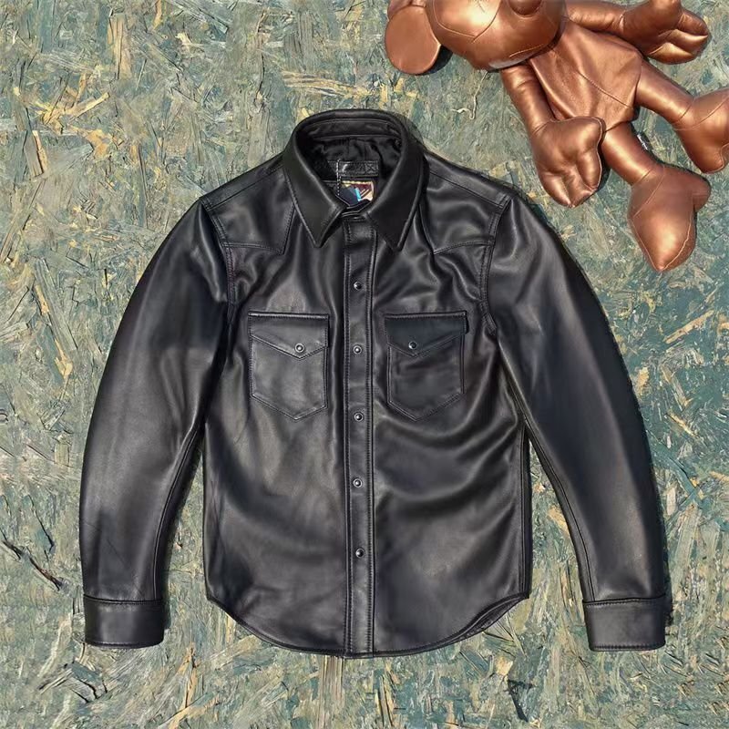 ★肌触り最高*品質保証☆ 超薄0.55mmの輸入シープスキン本革レザーコート男性用、ブラックパールボタン付きシャツスタイル,Sサイズ-5XLサイ拍卖