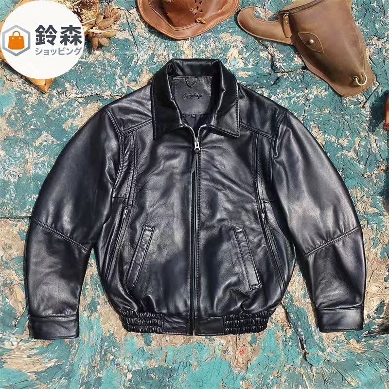 レトロなロングライン、男女兼用カップル向け、フランス輸入の上質ラムレザー本革ジャケット拍卖