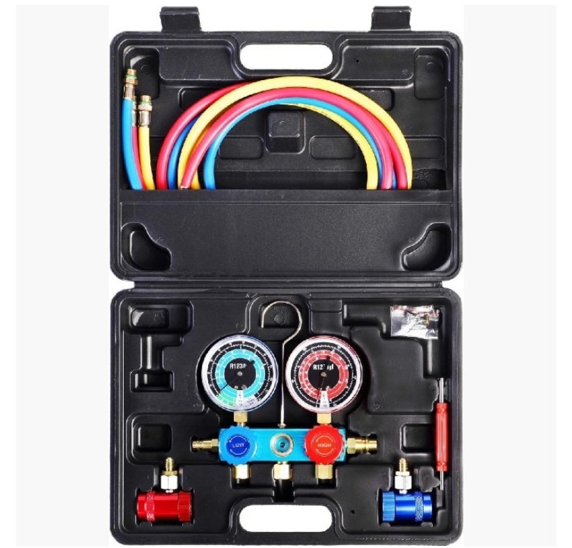 3ウェイACマニホールド診断ゲージエアコン R1234yf 冷媒充電セット 5フィートホースクイックカプラーバルブコアツールキット付き拍卖