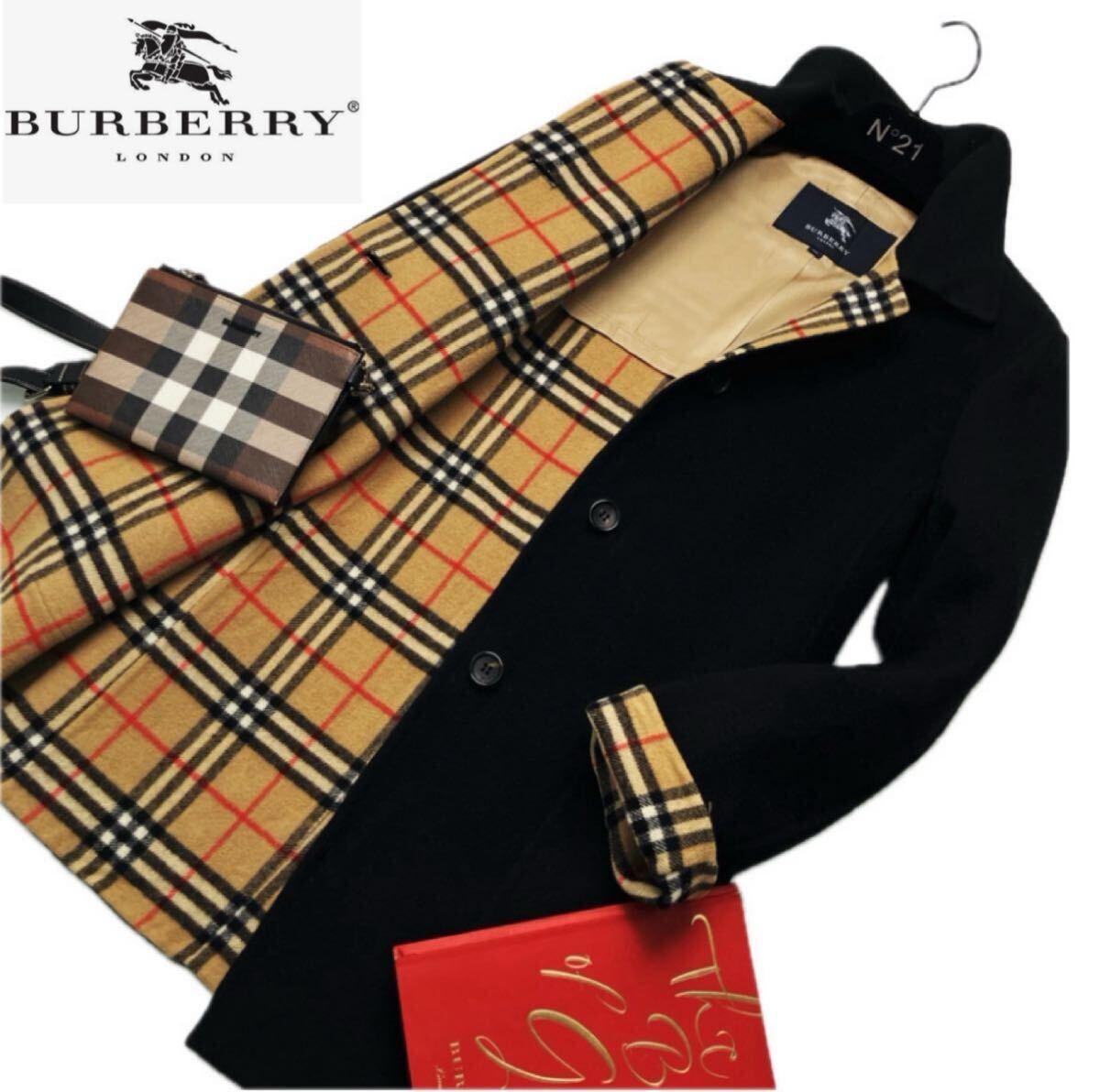 c5未使用級【手触り感宝石カシミア】定価18万 ●BURBERRY LONDON ロングチェスターコート バーバリーコート レディース 綺麗 40 一枚袖拍卖