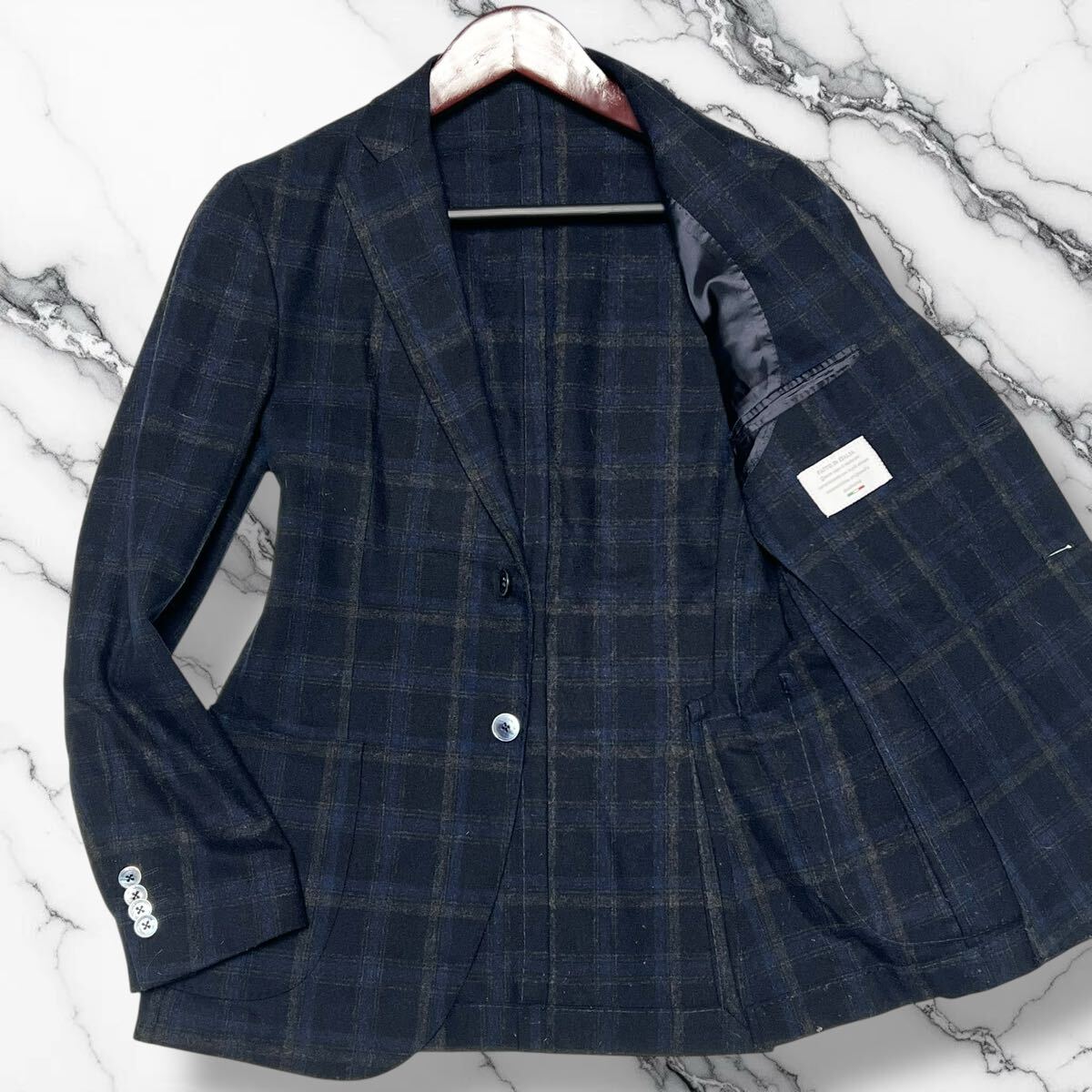 美麗品◎Lサイズ位!!フガート【光輝くシェルボタン!!】FUGATO SHIPS チェック アンコン ジャケット ネイビー イタリア製 ウール◎メンズ拍卖